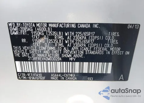 2013 Toyota Rav4 Xle z USA, uszkodzony, nr VIN 2T3RFREV4DW030294